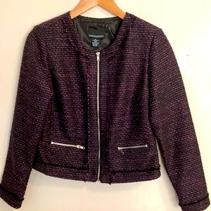 Cynthia Rowley Black Purple Tweed Full Zip Fringe Moto Blazer Jacket small S